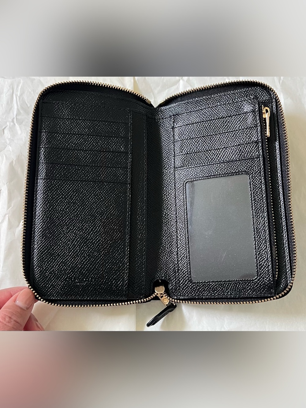 Coach Black Crossgrain Pebble Leather Zip Around Wallet with Gold Hardware - Picture 5 of 9
